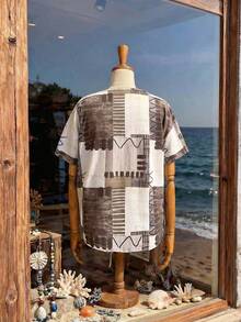EMERY ROSE Plus Size Women Geometric Print Round Neck Short Sleeve T-Shirt,Beige Summer Smart Casual Vacation Loose Tops,Spring Country Style Beach Clothes - Multicolor - View 2