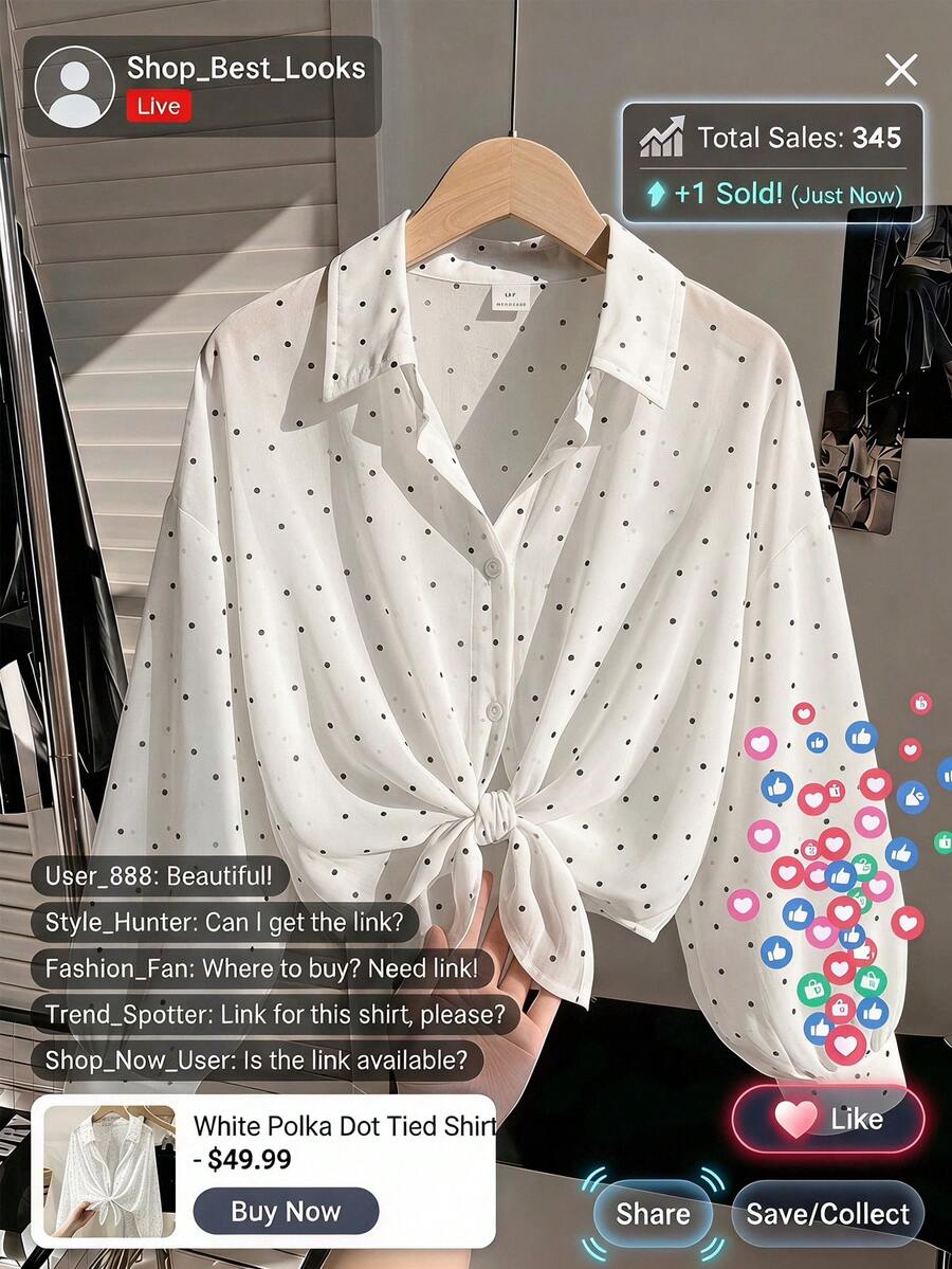 SHEIN 女童秋季換季輕量防曬罩衫 翻領短版透視長袖外穿襯衫 白黑波點