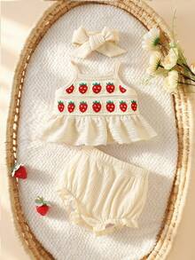 SHEIN Newborn Baby Girl Summer New Style Printed Pattern Cute Triangle Bib Set With Headband - Apricot - View 6