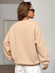 SHEIN EZwear 女款寬鬆不對稱肩領衛衣，內層保暖內裡，淺灰色，秋冬款 - 卡其色 - 查看 2