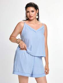 Slumbrini Set Piyama Wanita Ukuran Besar dengan Atasan Camisole dan Celana Pendek Motif Garis-garis - Blue and White - View 1