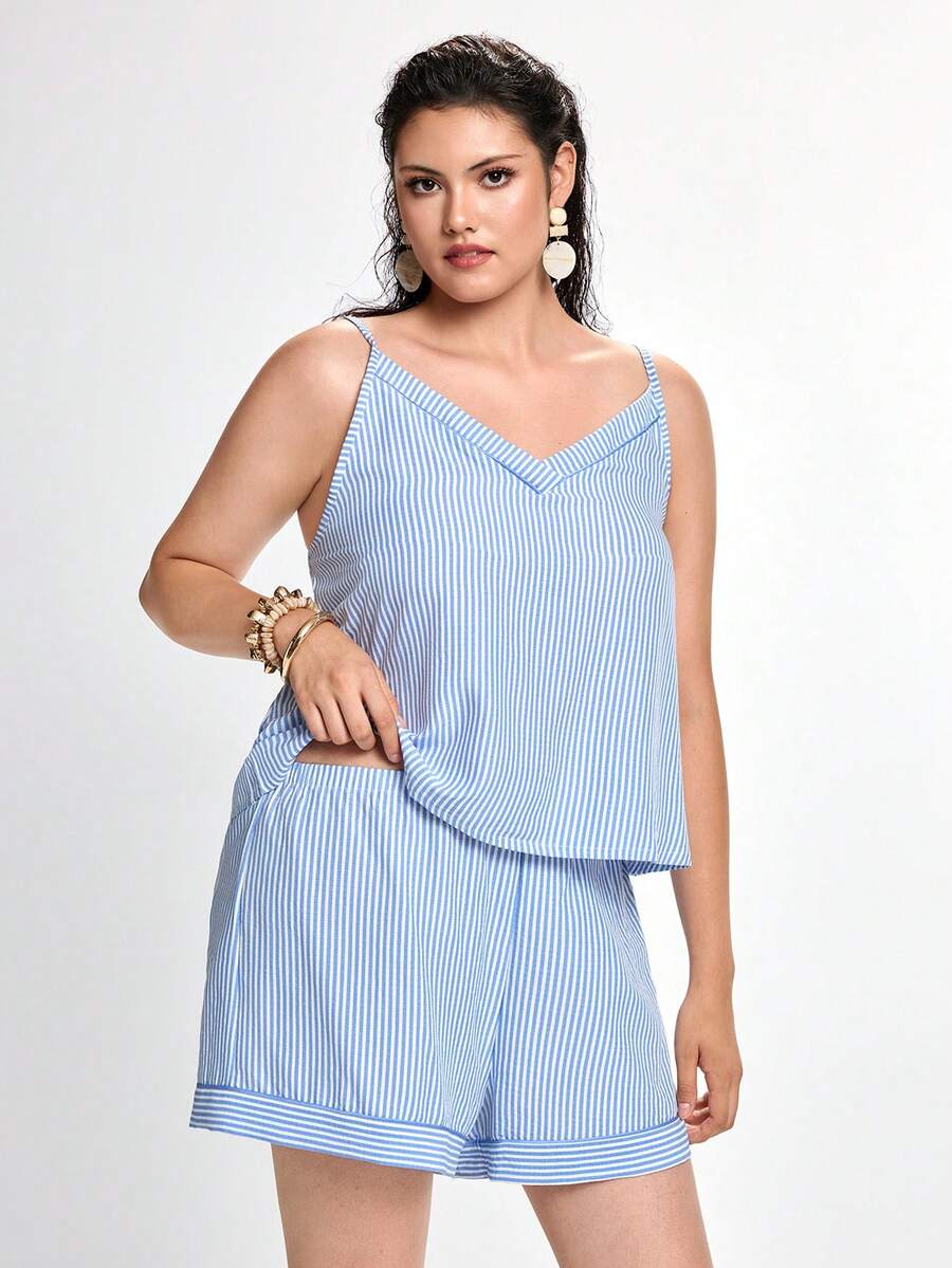 Slumbrini Set Piyama Wanita Ukuran Besar dengan Atasan Camisole dan Celana Pendek Motif Garis-garis - Blue and White - View 1
