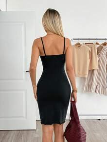 Easowa V-Neck Lace Patchwork Waist-Cinching Slim Fit Cami Dress Traceable Cotton Breathable Fabric Casual Sexy Elegant Club Night Out Summer Women's Black - Black - View 3