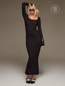 BAD SUNDAY Women's Autumn Black Silver Knit Mid-Length Dress With Deep U-Neck And Flare Sleeves, Y2K Sexy Millennium Style, Versatile For Night Out Club - Black - View 1
