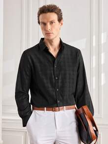 Men's Plaid Regular Fit Long Sleeve Button-Front Casual Dress Shirt - Black - View 2