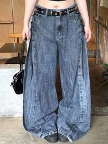 Dazy Plus Celana Jeans Panjang Model Longgar Lebar dengan Desain Ikat Pinggang Denim Vintage, Gaya Blogger, Pas Badan, dan Ramping, Cocok untuk Musim Semi, Gugur, dan Musim Dingin. - Medium Wash - View 4