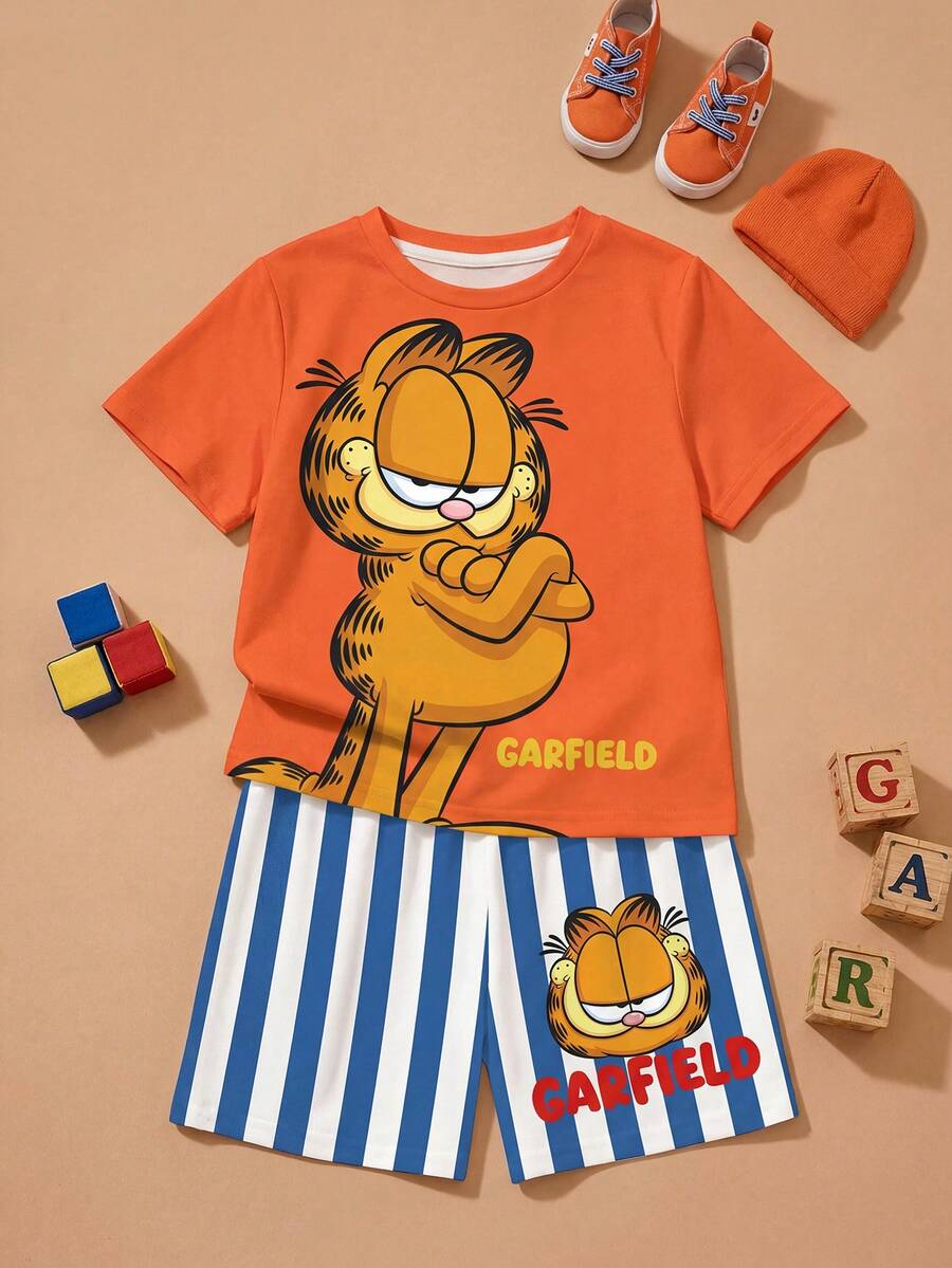 GARFIELD | SHEIN 男童休闲度假通勤卡通字母印花短袖T恤和条纹短裤套装,夏季 - 白色 - 查看 1