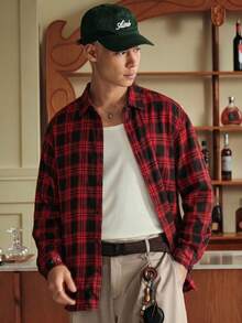 SWAVVY 1 pieza Camisa de algodón ultra holgada con estampado a cuadros y hombros caídos - Rojo - Ver 1