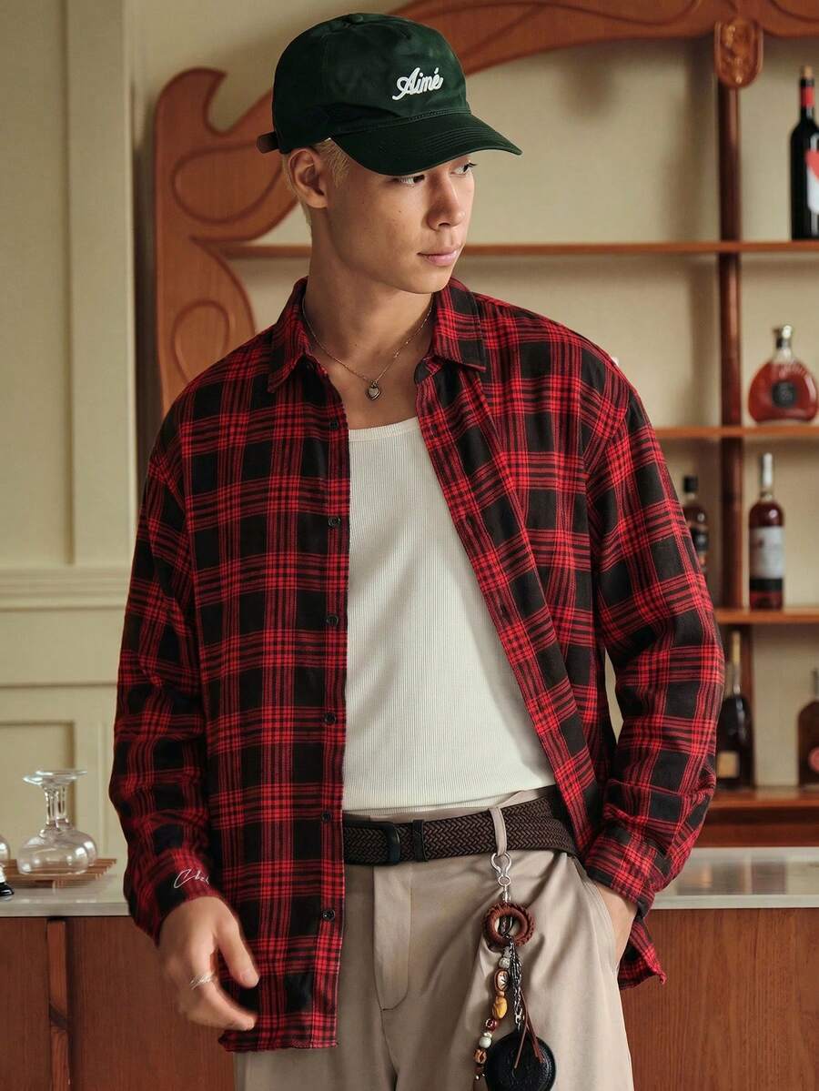 SWAVVY 1 pieza Camisa de algodón ultra holgada con estampado a cuadros y hombros caídos - Rojo - Ver 1