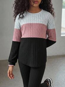 SHEIN Tween 女童休闲拼色罗纹长袖上衣和裤子黑色两件套 - 黑色 - 查看 8