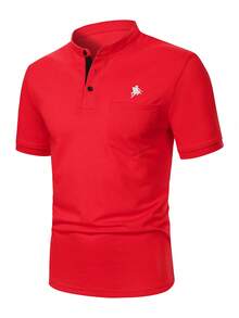 Manfinity Homme 男士時尚騎士刺繡鈕扣半開襟短袖 Polo 衫 - 紅色 - 查看 4