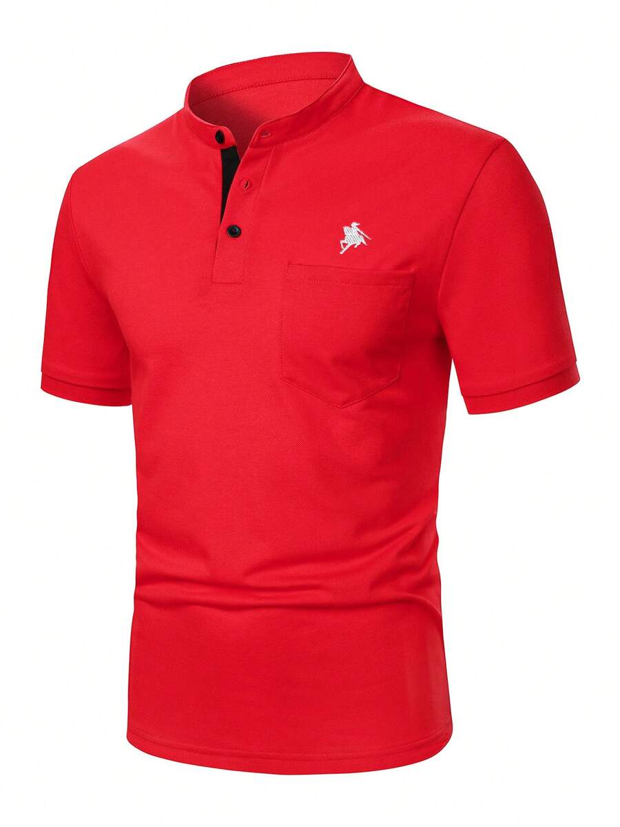 Manfinity Homme Men's Fashion Rider Embroidery Button Half-Placket Short Sleeve Polo Shirt - Red - View 1