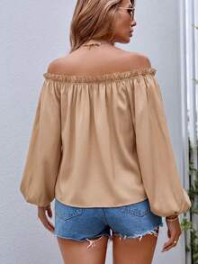 SHEIN VCAY 女款時尚荷葉邊露肩優雅襯衫 - 卡其色 - 查看 2