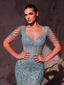 Glamrae Elegant Luxurious Beaded Sequin Patchwork Puff Sleeve Mermaid Dress For Wedding, Bachelorette Party, Vacation, Prom, Evening Gala (Heavy Embellished Style) - Blue - View 3