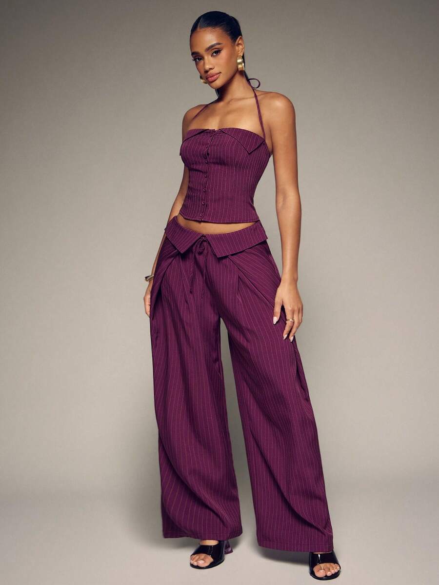Hauture Celana Panjang Longgar Bergaris Hitam Putih Elegan untuk Wanita, Sempurna untuk Pakaian Kantor yang Chic, Jalan-jalan, Kencan, Pesta Musim Gugur - Red Violet - View 1