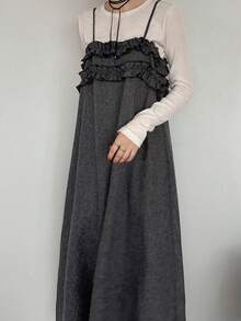FRIFUL Women's Ruffle Strap Long Dress Vacation Brunch Dark Grey Summer French Elegant French - Grey - View 6