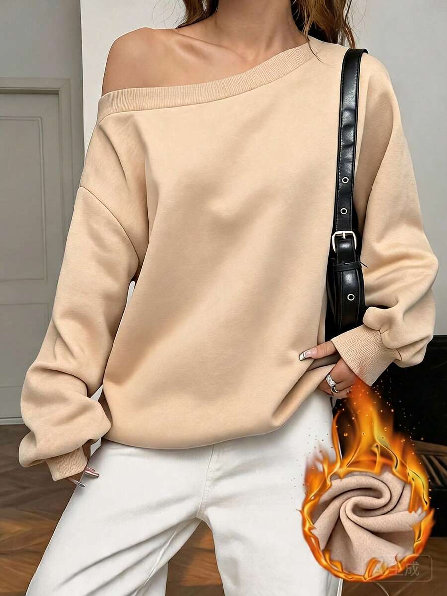 SHEIN EZwear 女款寬鬆不對稱肩領衛衣,內層保暖內裡,淺灰色,秋冬款 - 卡其色 - 查看 1