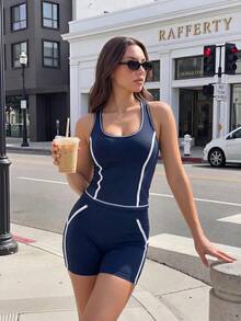 SHEIN Dewbera Women's 2-Piece Sporty Casual Set, Blue & White Colorblock Slim Fit Split Line Racerback Tank Top And Tight Butt-Lifting Curved Back Shorts - Navy Blue - View 3