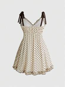 ROMWE Kawaii Gaun Retro Polkadot Y2K Manis Model A-Line dengan Tali Bahu Tipis untuk Ukuran Plus - Aprikot - View 2