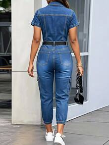 Slaydiva Women's Autumn Utility Denim Jumpsuit - Blue - View 2