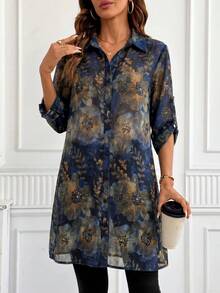 SHEIN Clasi 女款花卉印花單排扣百搭時尚襯衫，適合度假 - 彩色 - 查看 4