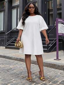 Slaydiva Plus Size Women's Tunic Dress, Solid Color Rolled Short Sleeve Loose Shift Dress, Business Casual Daily Commute Curvy Mini Dress Holiday White Summer - White - View 2