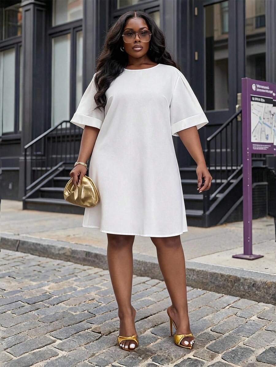Slaydiva Plus Size Women's Tunic Dress, Solid Color Rolled Short Sleeve Loose Shift Dress, Business Casual Daily Commute Curvy Mini Dress Holiday White Summer