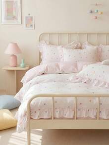SHEIN 3-Piece Set Of Wrinkled Yarn Korean Lace Bedding Quilt Cover Set, Including 1 Quilt Cover And 2 Pillowcases (Excluding Core), Cute Color Polka Dot Printing Quilt Cover, The Fabric Is Comfortable And Soft, Suitable For All Seasons - Multicolor - View 5