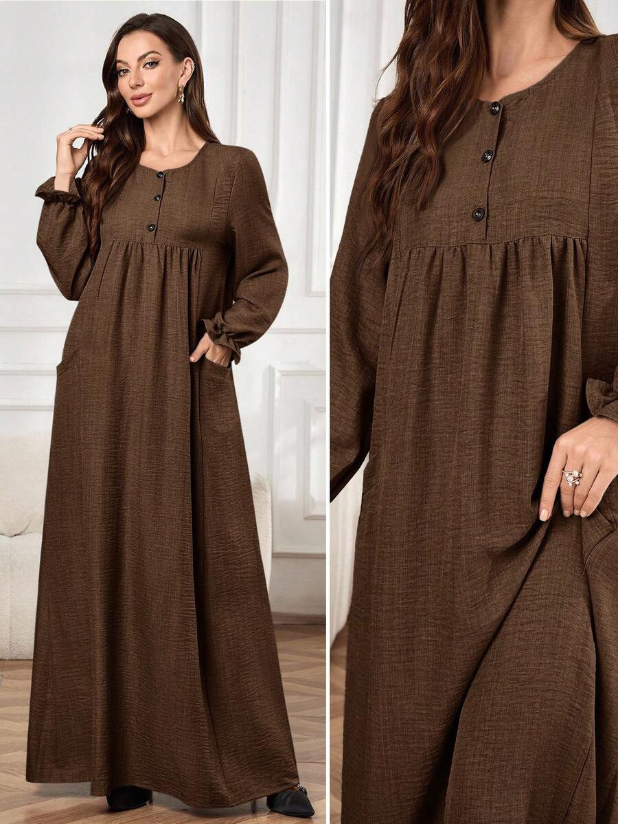 Al Najma Women's Minimalist Modest Casual Elegant Button Half-Placket Pocket Arabian Dress Formal Office Brown Winter - Brown - View 1