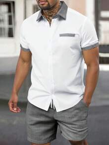 Manfinity Homme Men's Plus Size Patchwork Houndstooth Short Sleeve Shirt And Shorts Casual Set - Multicolor - View 1