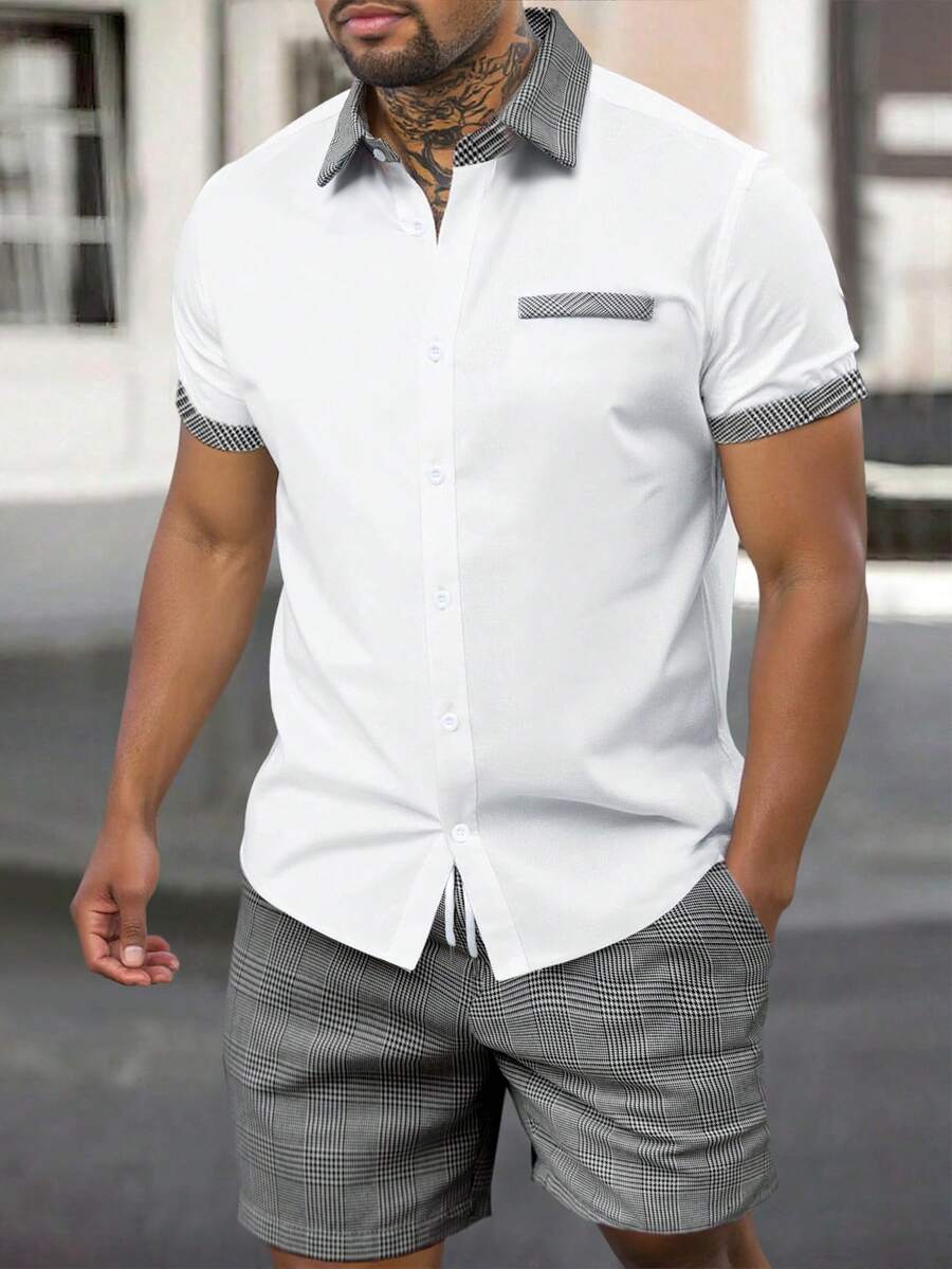 Manfinity Homme Men's Plus Size Patchwork Houndstooth Short Sleeve Shirt And Shorts Casual Set - Multicolor - View 1
