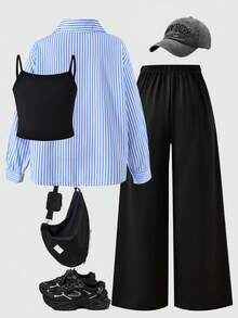 SHEIN Genkimix Kids 3件套黃色長袖條紋數位印花襯衫、黑色長褲、細肩帶背心，適合春夏戶外穿著 - 藍色 - 查看 2