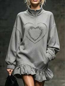 LUMIGAL Women's New Summer Casual Graphic Sweatshirt With Stand Collar, Print And Ruffle Hem, Suitable For Commuting, Vacation And Dating Holiday Grey - Grey - View 1