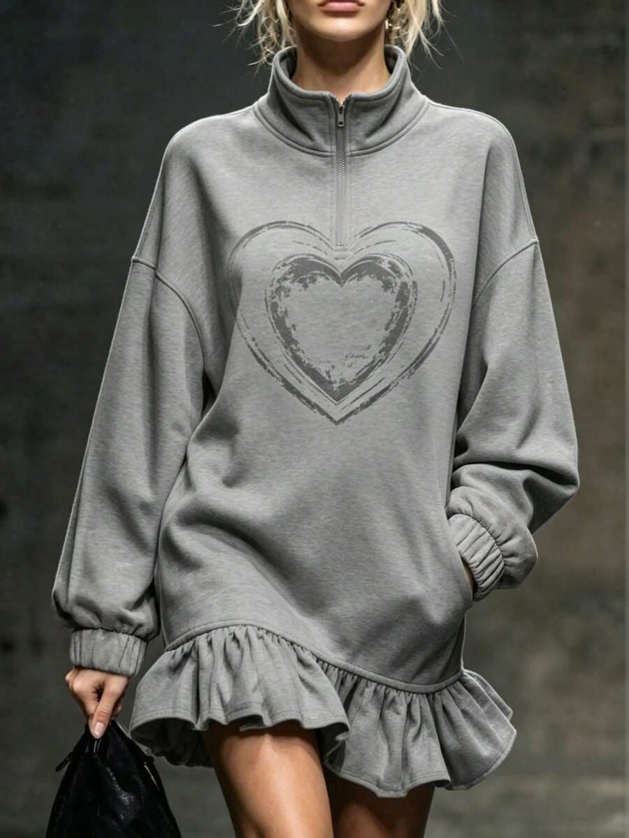 LUMIGAL Women's New Summer Casual Graphic Sweatshirt With Stand Collar, Print And Ruffle Hem, Suitable For Commuting, Vacation And Dating Holiday Grey - Grey - View 1