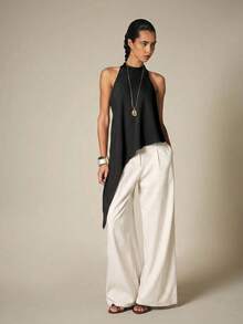 KSTM Halter Neck Asymmetric Draped Top With Open Back And Flowing Scarf Detail For Evening And Summer Occasions - Black - View 3