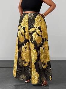 Maweii Plus Size Floral Print Wide Leg Pants Fall - Multicolor - View 6