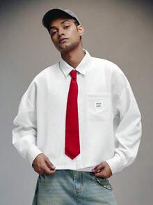 PAVTROS Men's Letter Embroidered Long Sleeve Shirt With Tie, Button Up Office Shirt - White - View 5