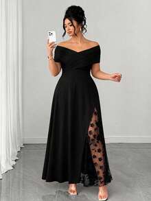 Elenzga Plus Size Women's Spring And Autumn Cross-Collar Elastic Tight Frame Fabric With Hollow Mesh Three-Dimensional Flowers, Full Of Luxury, Must-Have Item For Parties, Elegant Style, Party Shape, Long Sleeveless Elegant Dress - Black - View 6