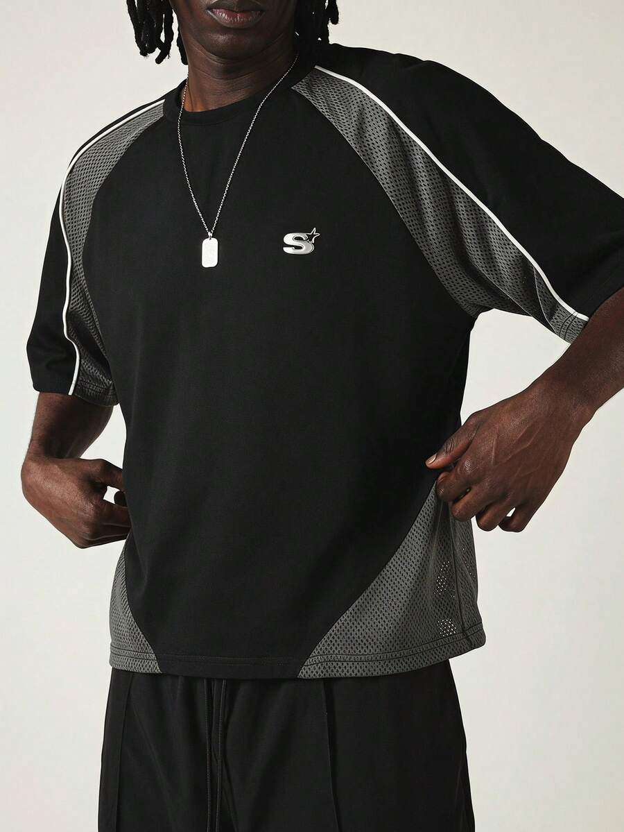 SUMWON Oversized Raglan T-Shirt With Mesh Contrast Panels And White Piping Detail Logo Emblem Crew Neck Short Sleeve - Black - View 1