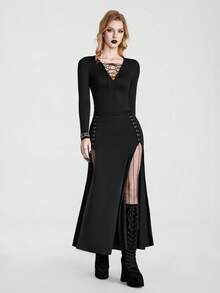 Breakform Halloween Gothic Sexy Dark-Style Black Lace Slit Skirt – Slimming & Cool-Girl Vibe - Black - View 4