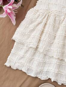 Kids Teen Girls Dresses Summer Casual Solid Color Textured Fabric, Multi-Layer Ruffle Hem, Suitable For Daily Commute, Date, Gathering, Vacation - Apricot - View 5