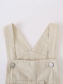 SHEIN Playful Pals 女童牛仔連身褲，四季休閒牛仔女郎西式百搭風格，復古淺藍色前口袋，蝴蝶結刺繡，寬鬆直筒夏季款 - 卡其色 - 查看 9