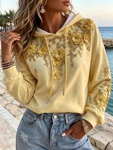 Trelyra Sweatshirt berkerudung warna kuning pucat kasual namun elegan dengan detail tali serut-sempurna untuk tampilan rapi saat kembali ke sekolah atau untuk liburan. - Kuning - View 5