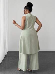 Maweii Plus Size Solid Color Ruched Top And Pants 2 Pieces Set - Green - View 2
