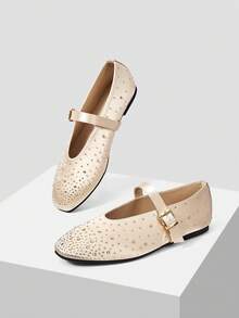 MOTF PREMIUM WOMEN'S COMMUTING CASUAL COMFORTABLE VERSATILE MARY JANE SQUARE TOE DIAMOND FLAT SHOES FOR CHRISTMAS - Champagne - View 3
