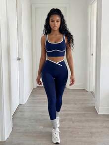 BamGleam Conjunto deportivo sin costuras con bloques de color para mujer - Azul Marino - Ver 6