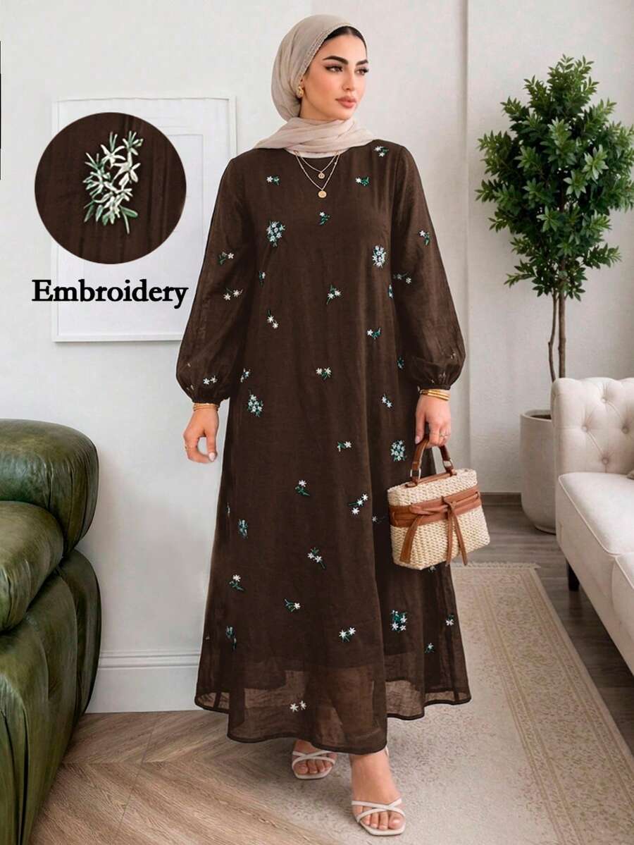 Solavon Plus Size Floral Embroidery Long Dress - Coffee Brown - View 1
