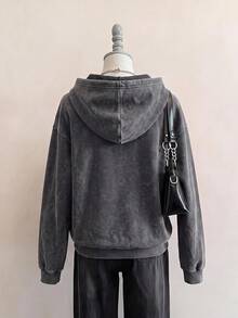 SHEIN EZwear 秋季新款復古水洗做舊蜘蛛標語印花女款休閒寬鬆水洗衛衣上衣，適合日常通勤、聚會、秋冬夏季、聖誕節、新年、感恩節、派對、婚禮、海灘、畢業典禮、優雅、外出、約會、通勤、情人節、度假、Y2K - 黑色 - 查看 2