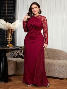 Reflora Plus Size Women's Lace Patchwork Pleated Elegant Cinched Waist Party Dress,Elegant Long Party Dress,Mother,Luxury Evening Dress For Women,Party Dress - Burgundy - View 4