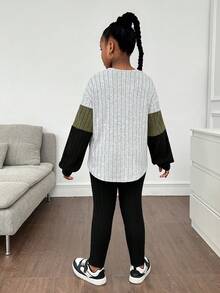 SHEIN Tween Girls Casual Colorblock Ribbed Long Sleeve Top And Pants 2 Pieces Set - Green - View 7